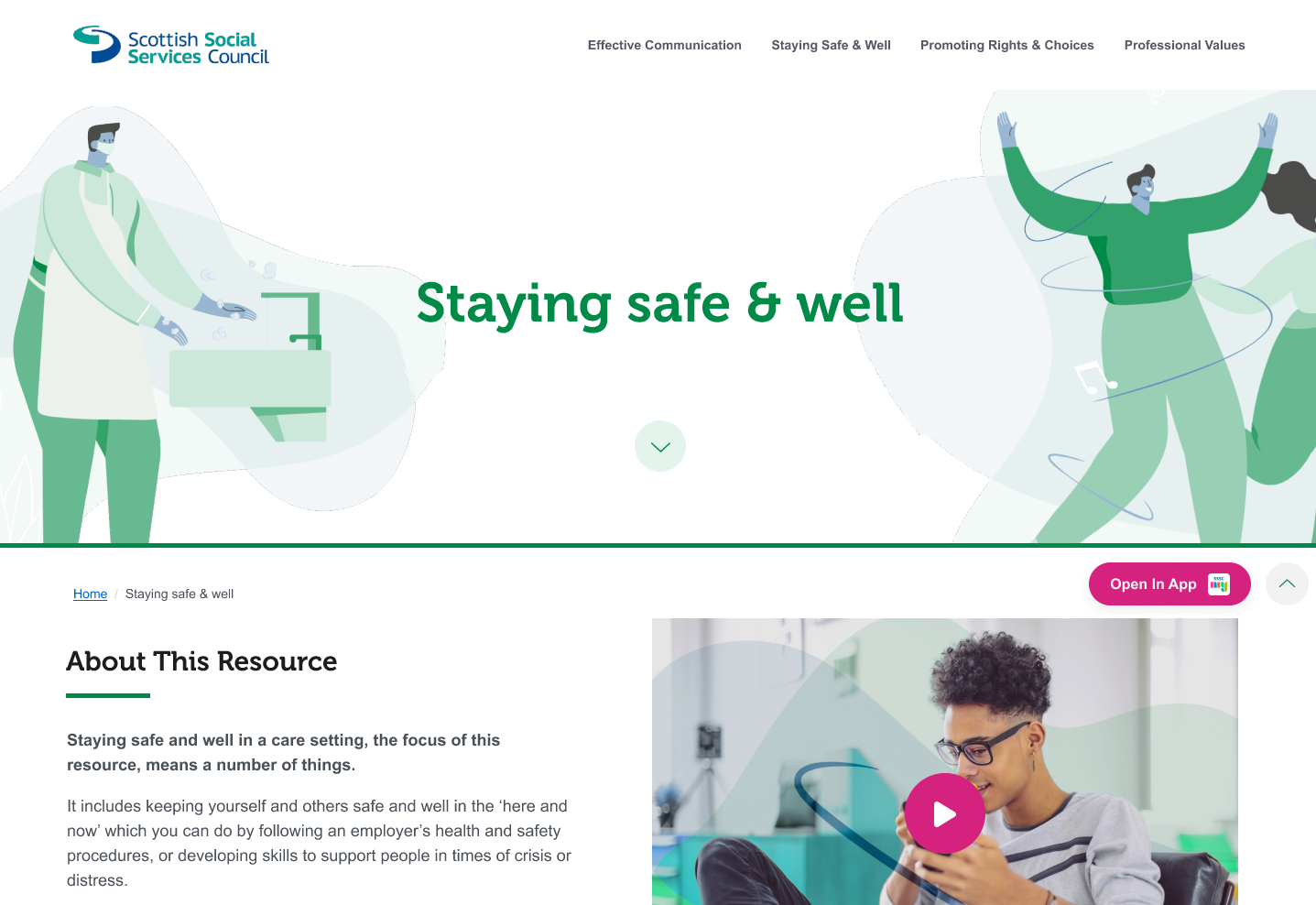 Screenshot of the Staying safe and well learning resource showing a figure washing hands and other figures doing physical activity